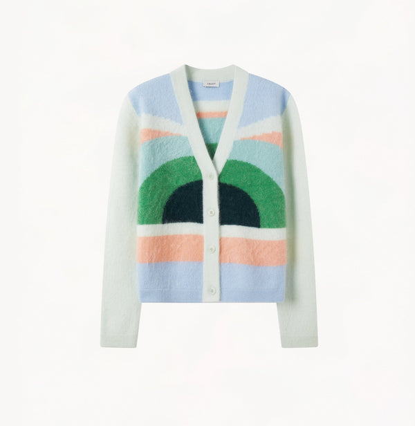 Cashmere rainbow cardigan sweater with long sleeves in multicolor.