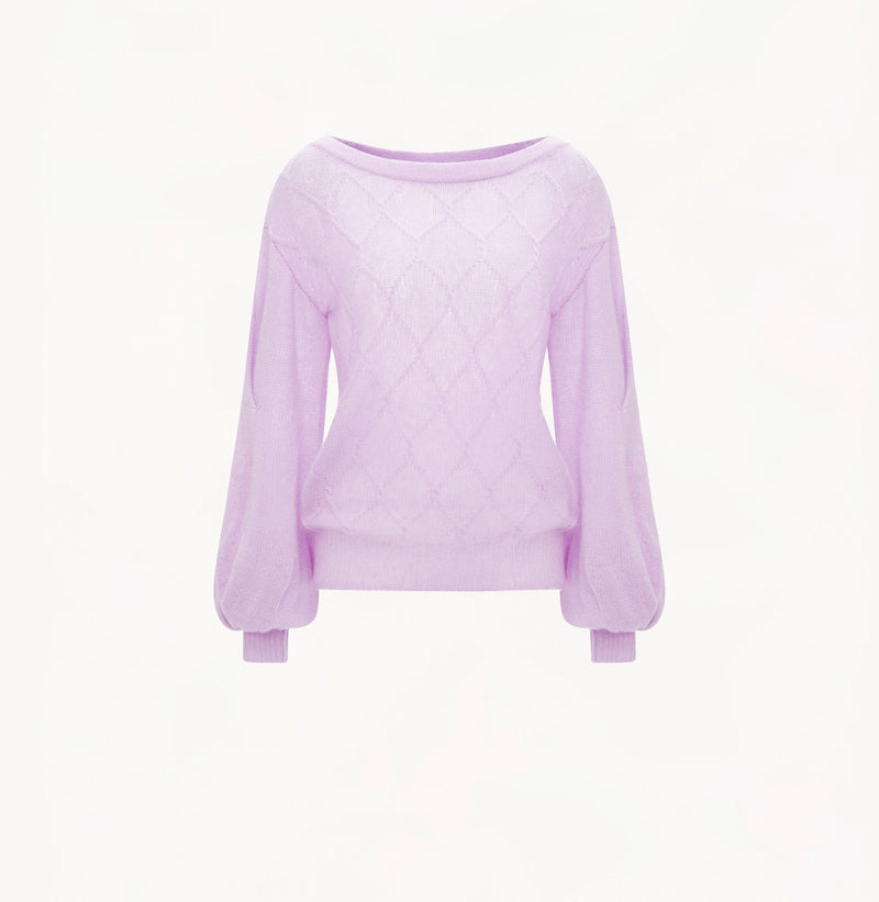 Sheer cable knit cashmere blouse with puff sleeves in light purple.