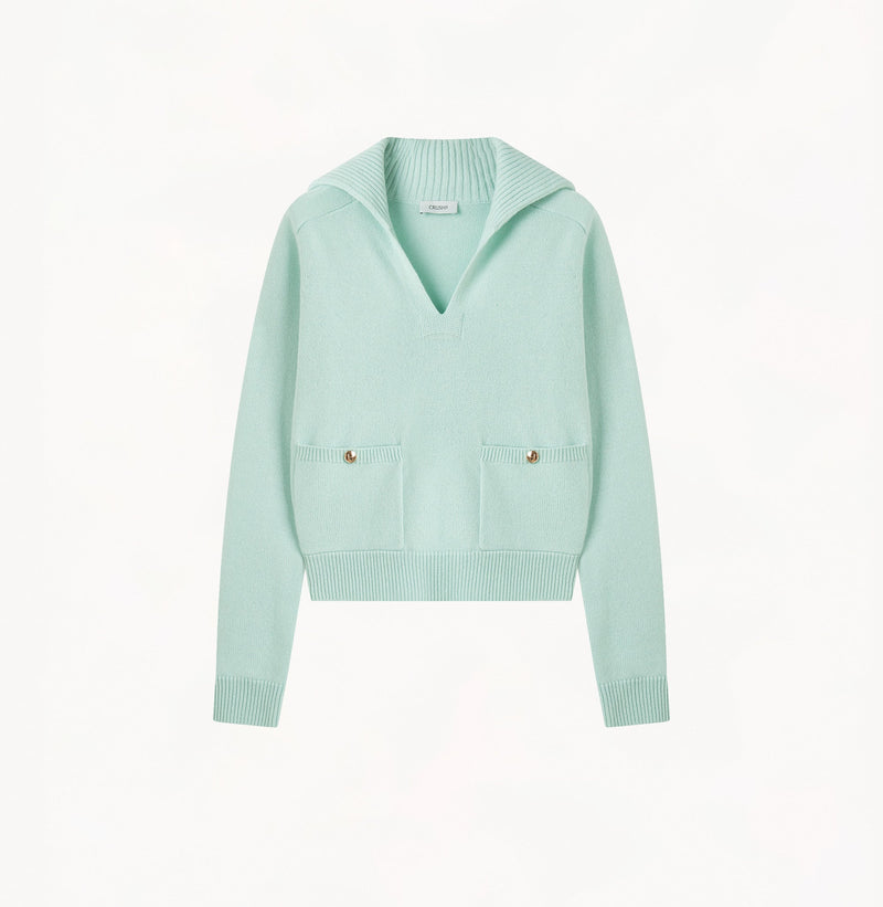 Cashmere sweater with lapel collar in mint green.