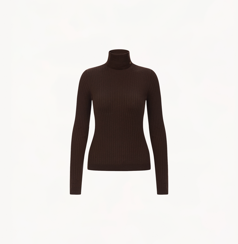 Cashmere ribbed top with turtleneck in mocha.