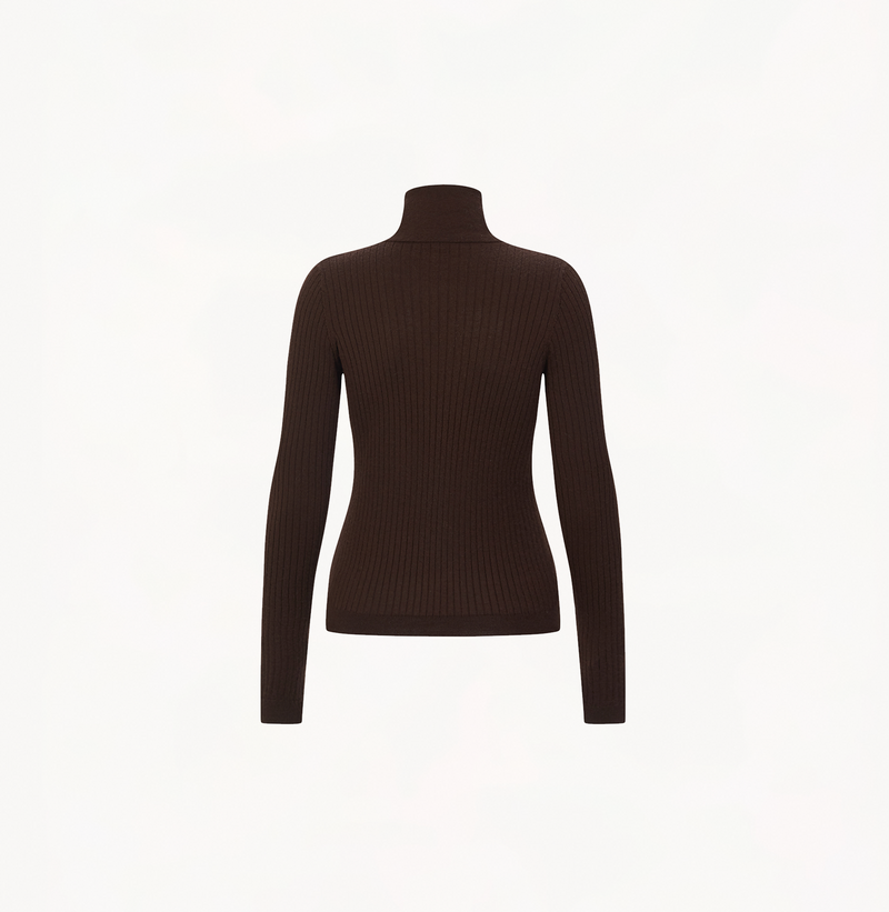 Cashmere ribbed top with turtleneck in mocha.