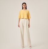 Cashmere two-toned crewneck crop top in moonlight yellow. front-view