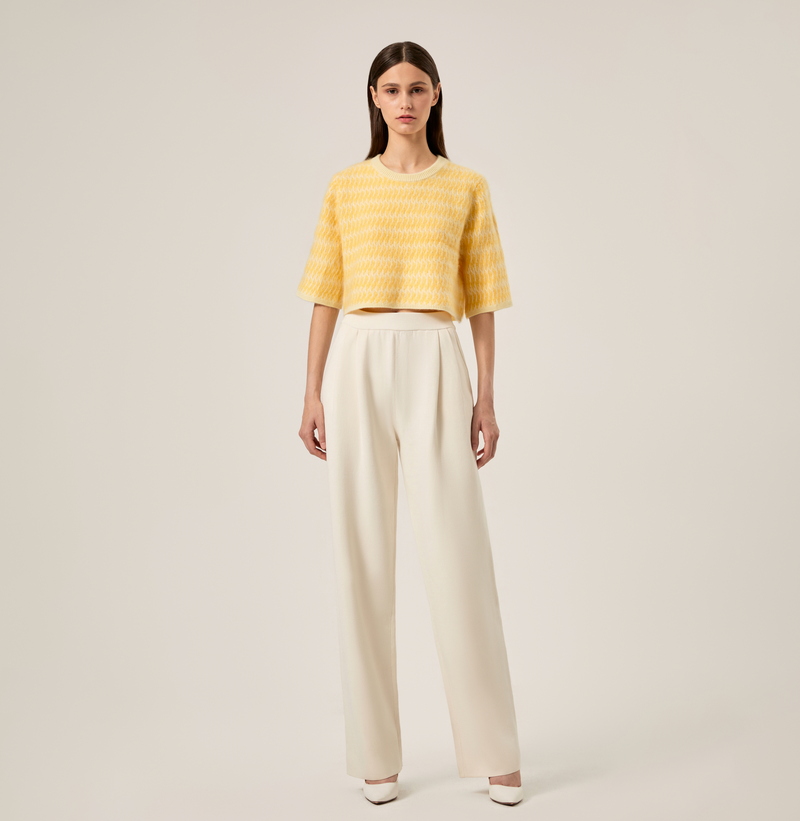 Cashmere two-toned crewneck crop top in moonlight yellow. front-view