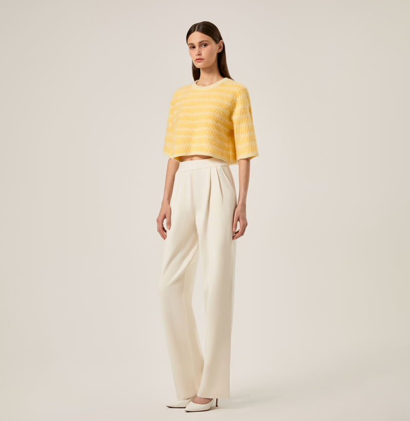 Cashmere two-toned crewneck crop top in moonlight yellow. right-view