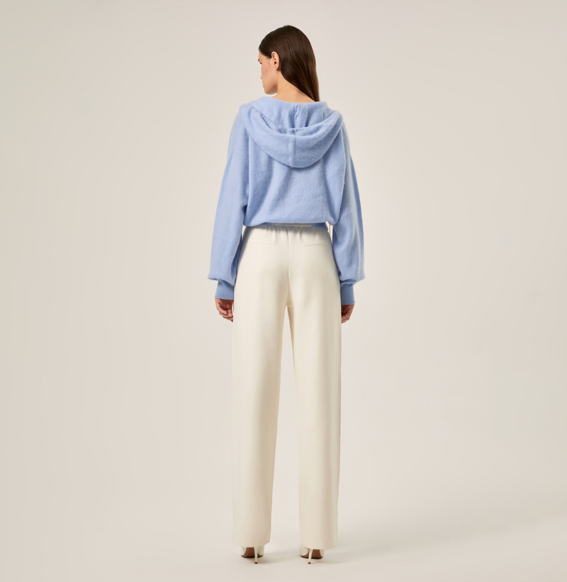 Cashmere v-neck chain hoodie in bright blue. rear-view