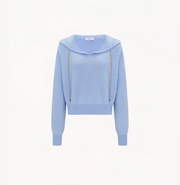 Cashmere v-neck chain hoodie in bright blue