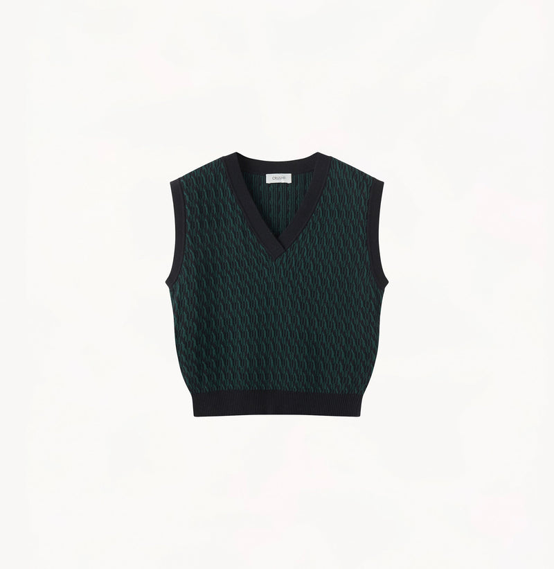 Two-tone cotton cashmere knit V-neck vest for womens in dark green.
