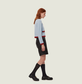 Cashmere colorblock sweater in blue and brown red with buttons in the front. right-view