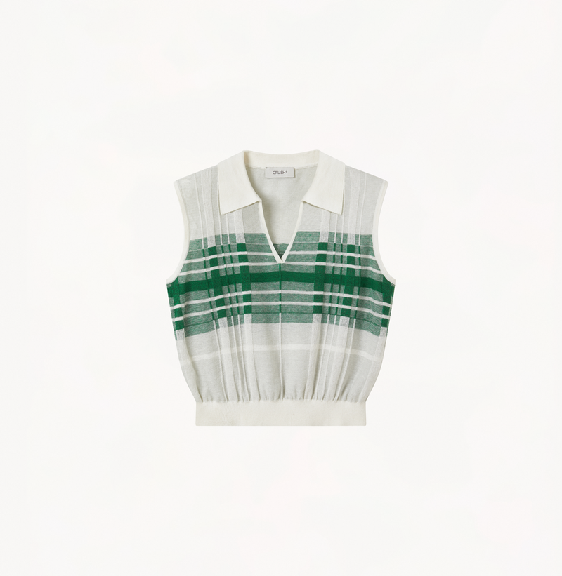 Checkered vest with lapel in green white