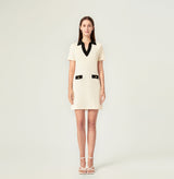 Color block lapel dress in cream color. front-view