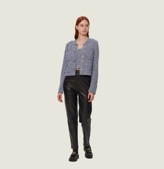 Boucle jacket in blue with pockets. front-view