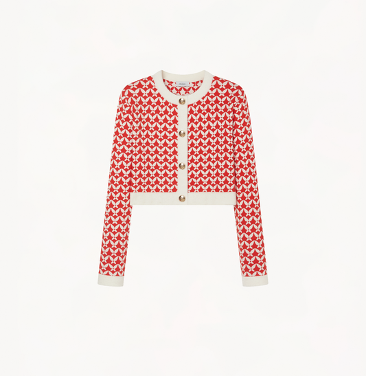 Cropped cardigan in  in red and white jacquard.