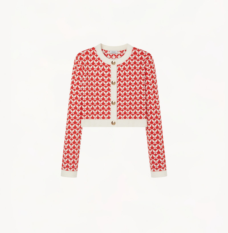 Cropped cardigan in  in red and white jacquard.