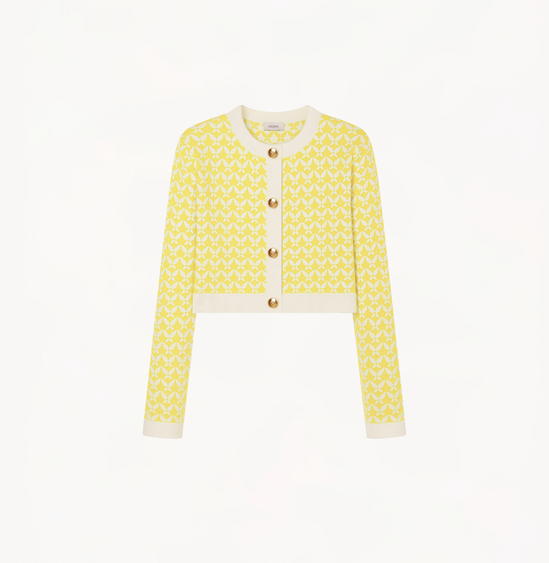 Cropped cardigan in  in yellow and white jacquard.