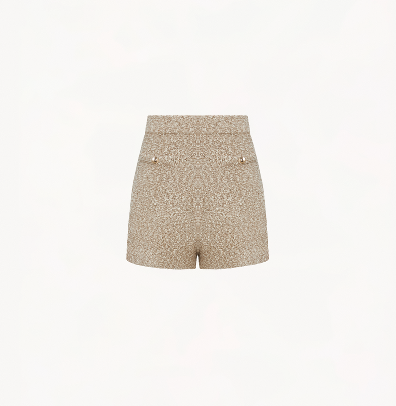 Boucle knitted shorts in milk tea with pockets.