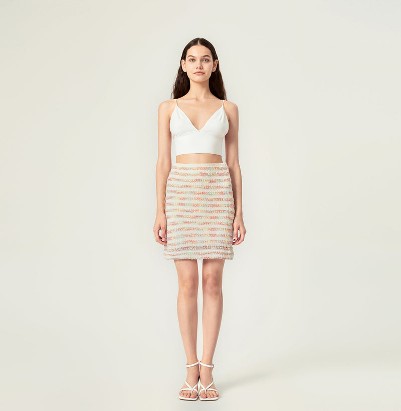Crochet striped skirt in warm colours, left-view