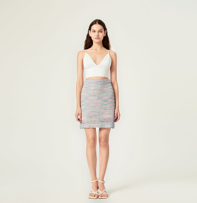 Crochet striped skirt in cool colours, front-view
