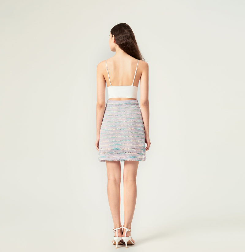 Crochet striped skirt in cool colours, rear-view