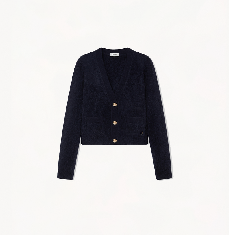 Cropped cashmere cardigan with v-neck in navy.