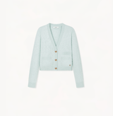 Cropped cashmere cardigan with v-neck in light green.