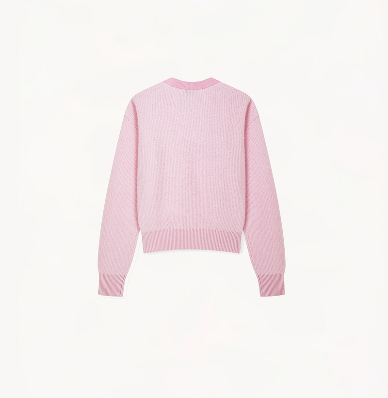 Embroidered fluffy cashmere sweater in pink.