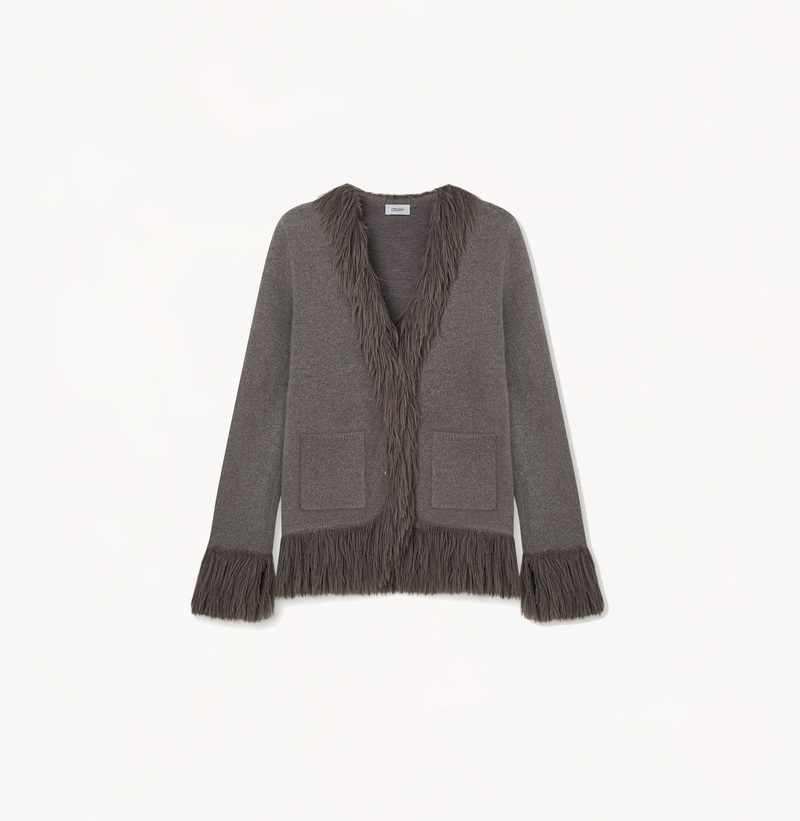 Women's cashmere jacket with fringe in ash grey.