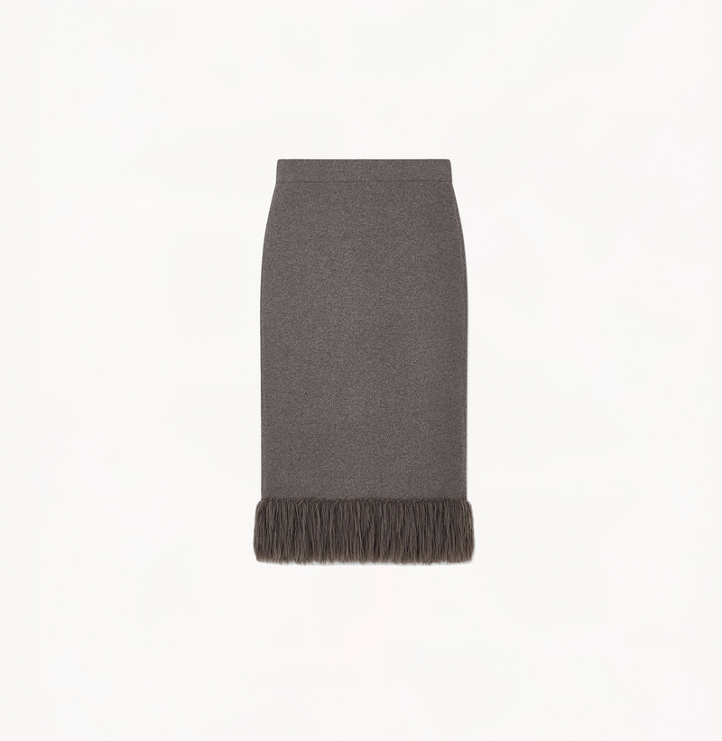 Cashmere straight skirt with fringe in ash grey.