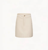 Lambskin leather A-line skirt with front metal buttons in white.