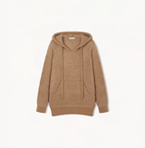 Hooded teddy boucle sweater in camel.