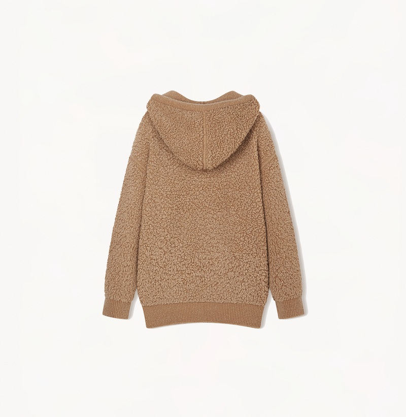 Hooded teddy boucle sweater in camel.