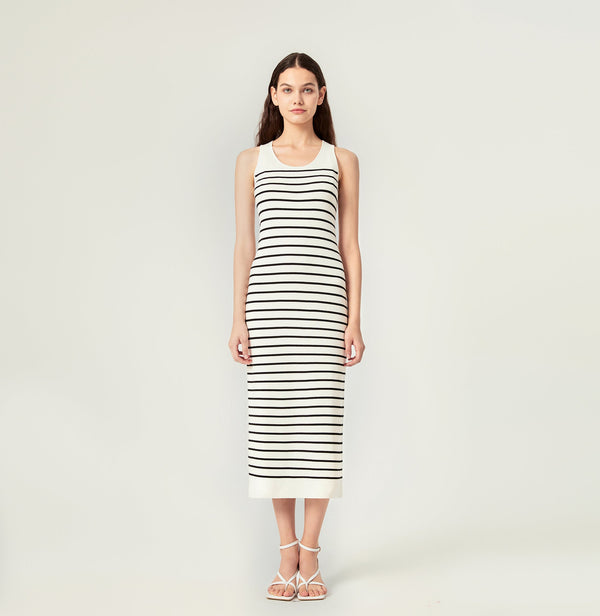 Striped knit tank top maxi dress in black white. front-view