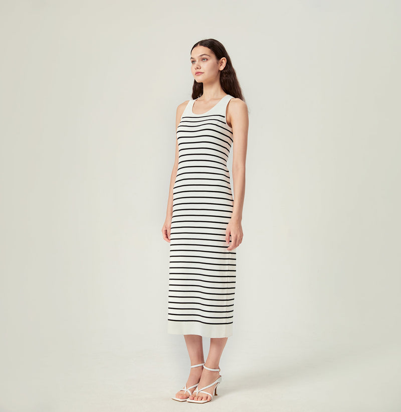 Striped knit tank top maxi dress in black white. right-view