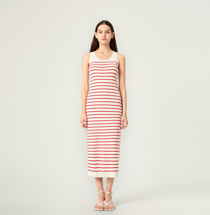 Striped knit tank top maxi dress in red white. left-view