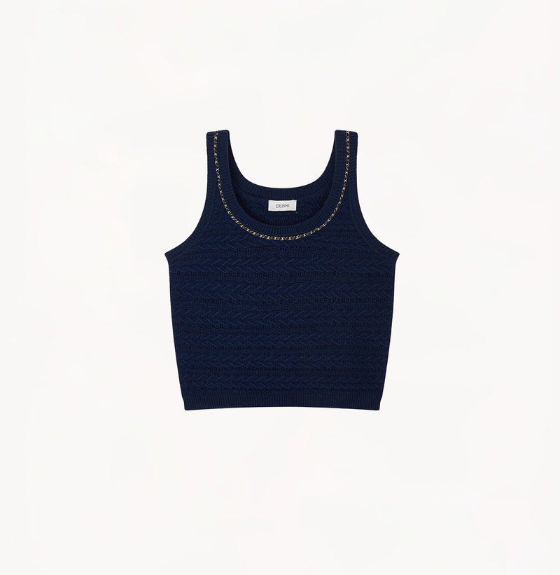 Wool cable-knit tank top in navy.