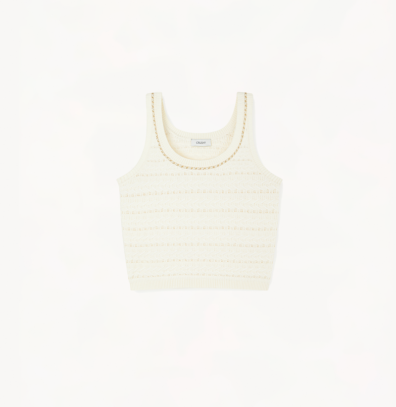 Wool cable-knit tank top in white.