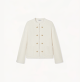 Women's mandarin collar jacket in cream.