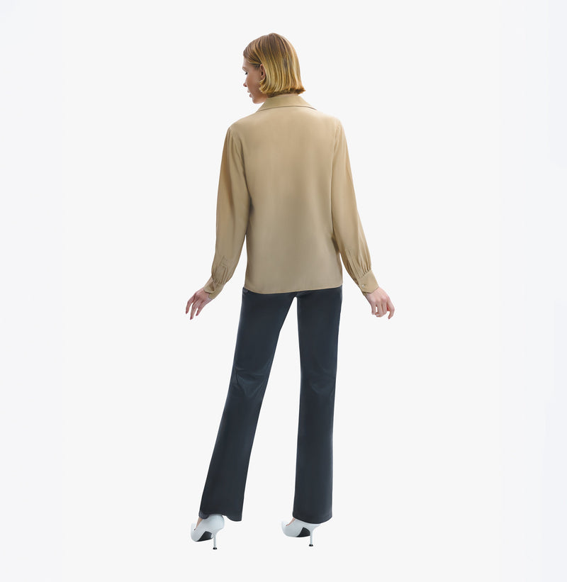 Mulberry silk shirt in camel with lapel and puff sleeves.