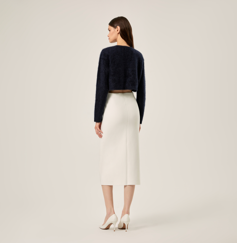 Cashmere cropped fuzzy women cardigan in navy blue. rear-view