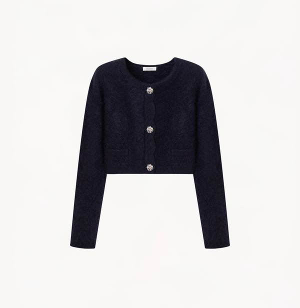 Cashmere cropped fuzzy women cardigan in navy blue.