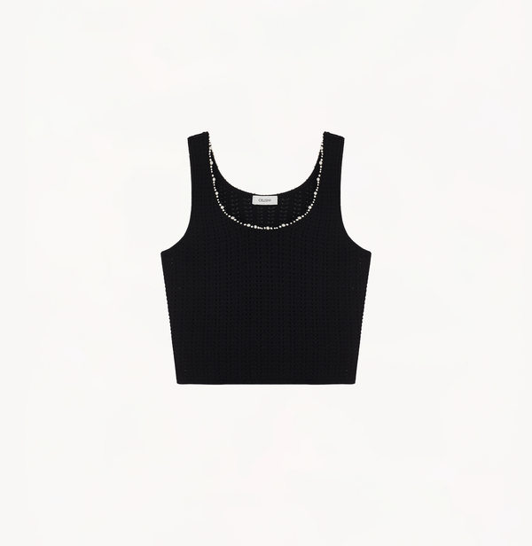 Tank top embellished with pearls in black.