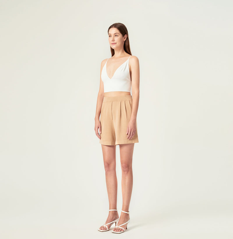 Pleated shorts women in sand color. right-view