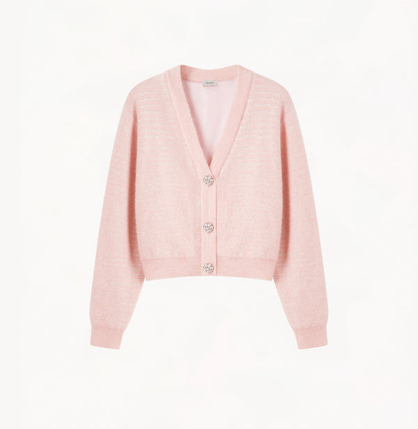 Sequined cropped long sleeves cardigan with gliter in light pink.