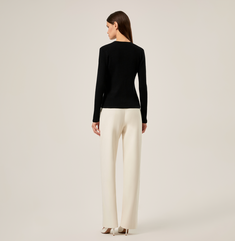 Silk cashmere cable-knit cardigan in white. rear-view