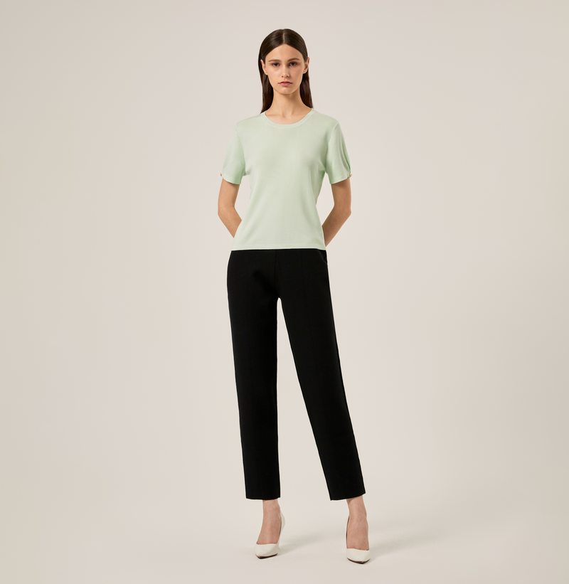 Silk cashmere cable-knit crewneck t-shirt for women in mint green. left-view