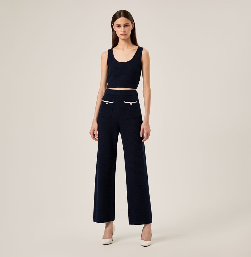 Silk wool pointelle-knit straight-leg pants in navy. front-view