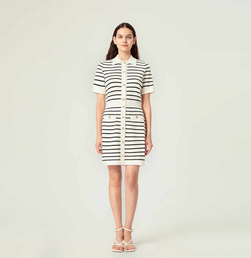 Black white striped polo dress. front-view