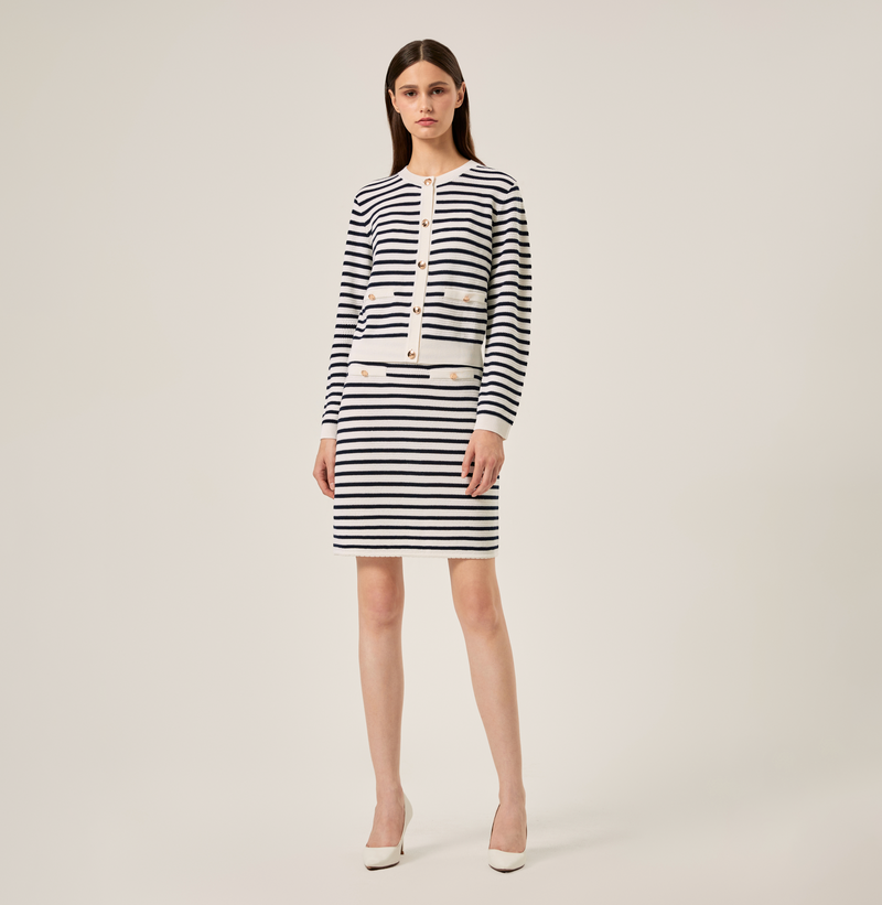 Blue-white striped pointelle-knit cardigan. front-view