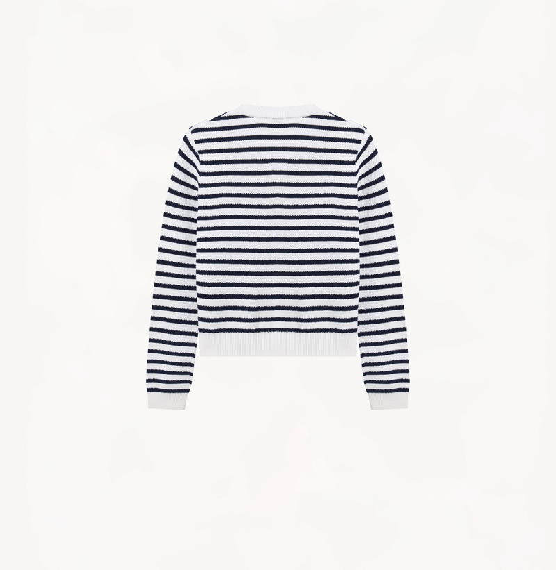 Blue-white striped pointelle-knit cardigan