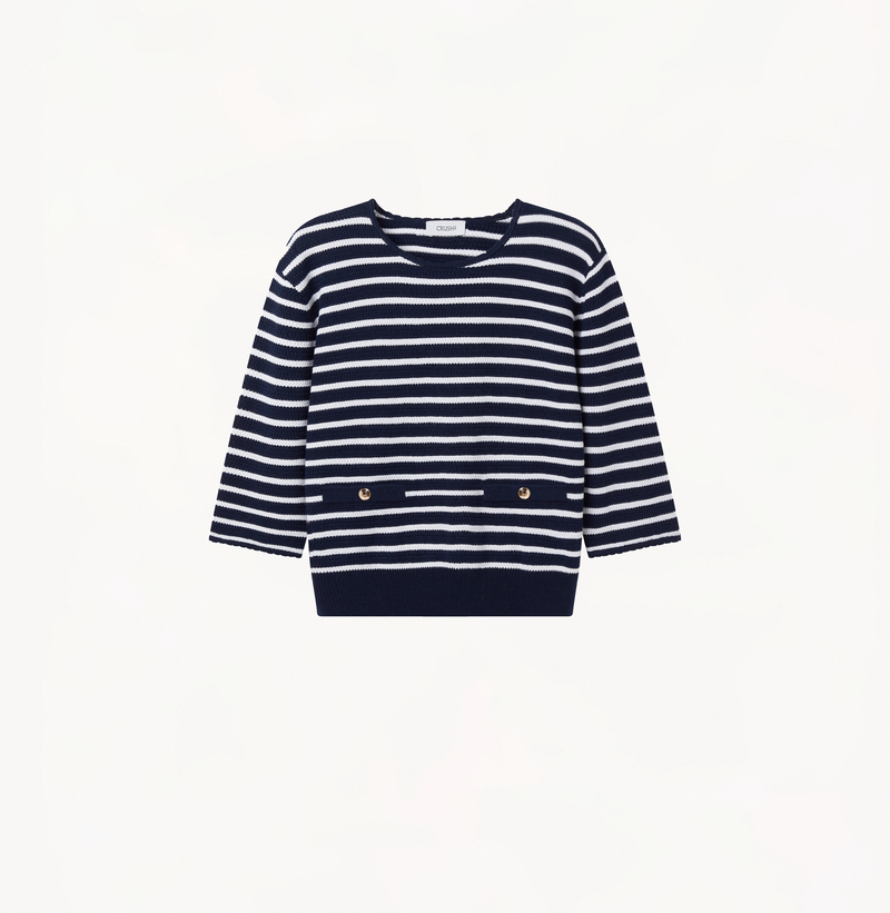 STRIPED POINTELLE-KNIT TOP