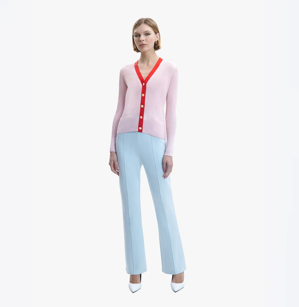 Silk cashmere colorblock V-neck cardigan womens in pink.